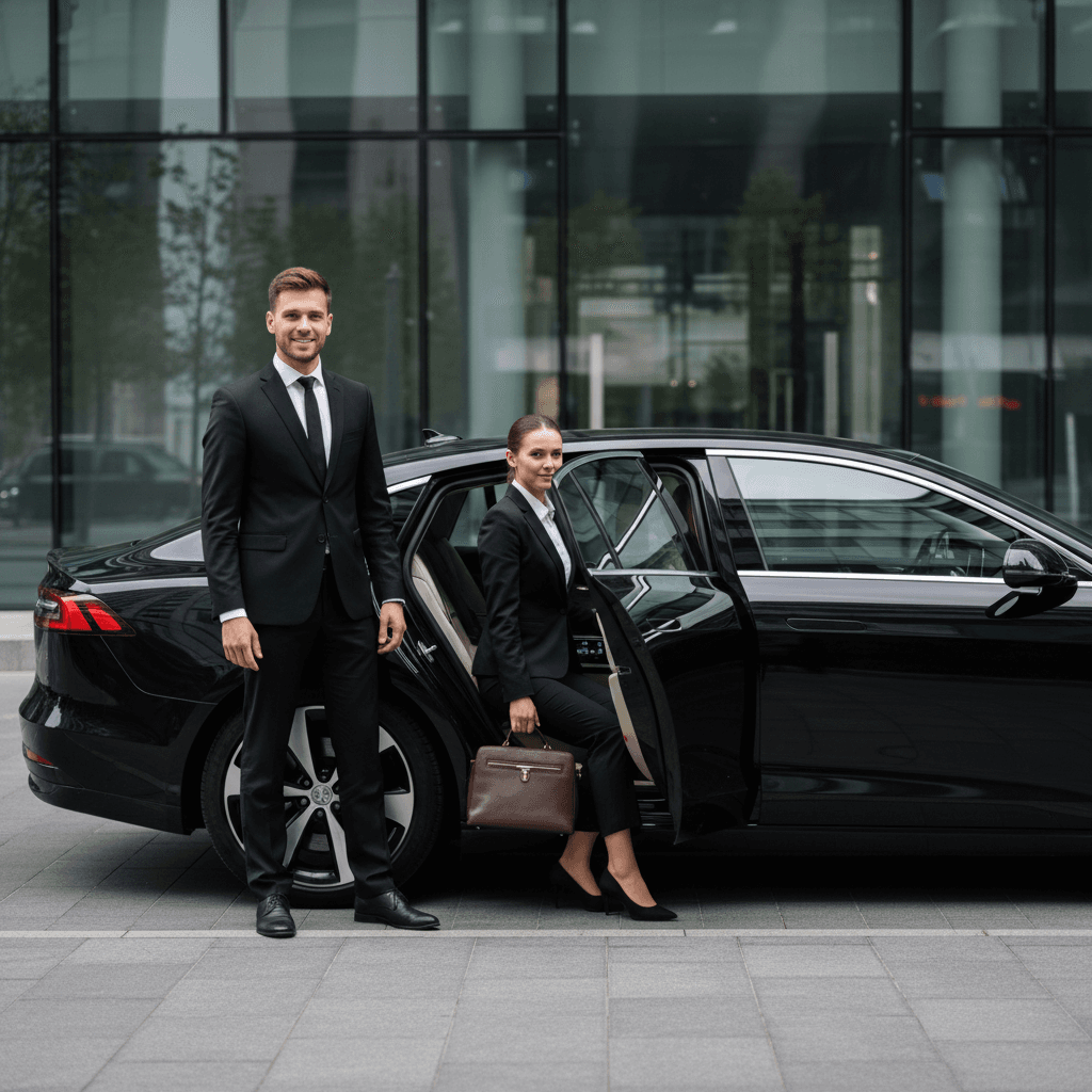 Professional driver assisting passenger with airport transportation service