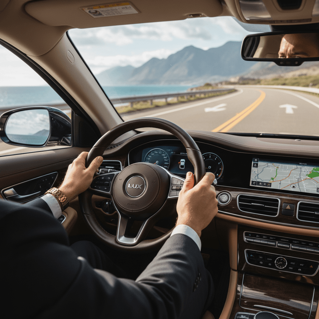 Professional driver's hands on steering wheel navigating coastal highway in modern luxury vehicle with calm, attentive posture